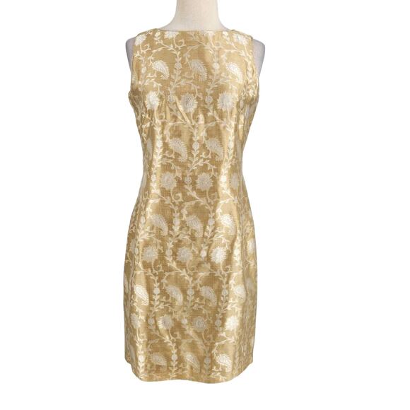Vintage Silk Blend Floral Paisley Sheath Dress - Gold Chic Ladylike Size 4 - Picture 1 of 8